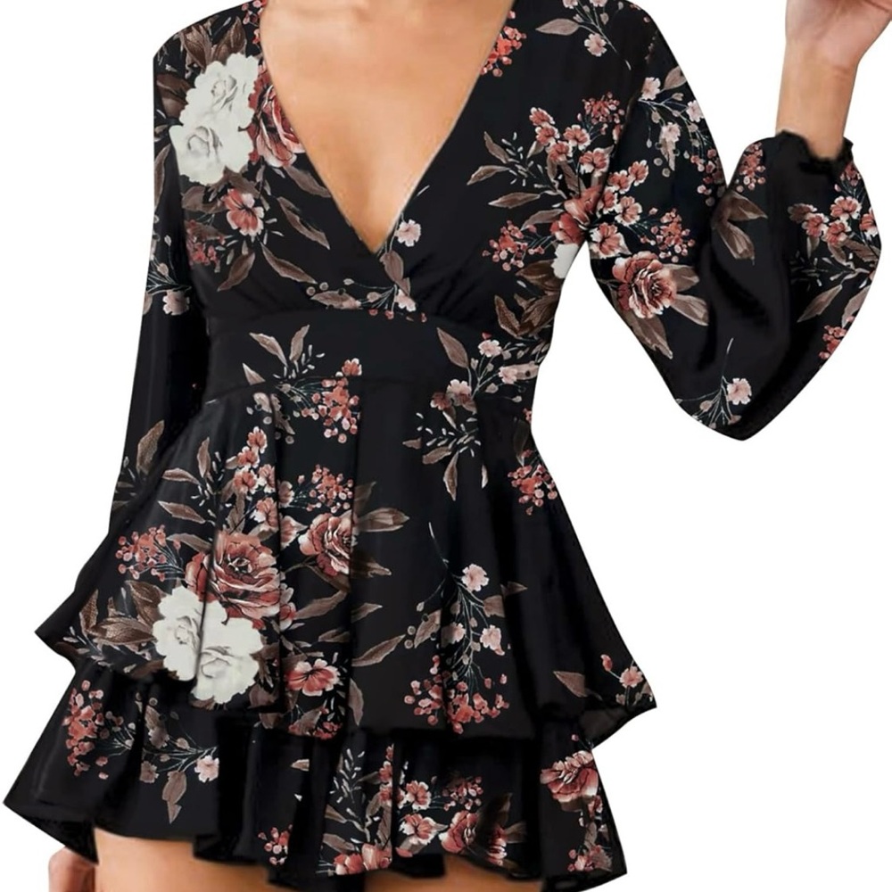 Floral V-Neck Long Sleeve Romper Mini Dress